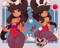 Rule 34 | 1girl, absurdres, animal, animal ears, arm tattoo, ass, blue background, bow, bowtie, breasts, brown hair, cleavage, collarbone, dark skin, detached collar, double w, emoji, fake animal ears, fake tail, handprint, highres, huge ass, leotard, long hair, looking at viewer, mari (tiaramisstsu), nike (company), pantyhose, playboy bunny, ponytail, pout, rabbit, rabbit ears, rabbit tail, red bow, red bowtie, red eyes, red footwear, red leotard, shoes, sitting, skull, skull tattoo, small breasts, smile, sneakers, standing, star (symbol), sweat, tail, tattoo, thick thighs, thighs, tiara miss tsu, w, white bow