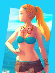 Rule 34 | 1girl, alternate costume, artist name, bare shoulders, bellhenge, bikini, bikini top only, blonde hair, blue bikini, blue eyes, blue nails, bracer, braid, breasts, brown shorts, cleavage, closed mouth, collarbone, cowboy shot, crown braid, day, glasses, glasses around neck, hair ornament, hairclip, halterneck, hand on own hip, long hair, nail polish, navel, nintendo, ocean, outdoors, pointy ears, ponytail, princess zelda, profile, red-framed eyewear, round eyewear, shorts, small breasts, smile, solo, standing, sunlight, swimsuit, the legend of zelda, the legend of zelda: breath of the wild, water