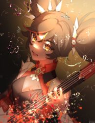 Rule 34 | 1girl, absurdres, birthday, black hair, dark-skinned female, dark skin, eun yelim, genshin impact, guitar, highres, instrument, open mouth, short twintails, solo, spikes, twintails, xinyan (genshin impact), yellow eyes