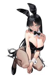Rule 34 | 1girl, animal ears, aqua eyes, bare shoulders, black bow, black bowtie, black footwear, black hair, black leotard, bow, bowtie, breasts, cleavage, closed mouth, dated, detached collar, fake animal ears, fishnet pantyhose, fishnets, full body, glasses, han-0v0, highres, large breasts, leotard, long hair, looking at viewer, original, own hands together, pantyhose, playboy bunny, rabbit ears, round eyewear, simple background, solo, squatting, strapless, strapless leotard, tattoo, very long hair, white background, wrist cuffs