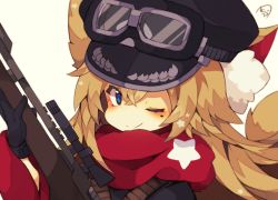 Rule 34 | 1girl, ;), animal ear fluff, animal ears, beige background, black gloves, black hat, blue eyes, blush, bolt action, cat ears, chibi, closed mouth, gloves, goggles, goggles on headwear, gun, hair between eyes, hat, highres, holding, holding gun, holding weapon, light brown hair, long hair, looking at viewer, mole, mole under eye, muuran, one eye closed, original, peaked cap, red scarf, rifle, scarf, scope, signature, simple background, smile, solo, star (symbol), star in eye, star print, symbol in eye, weapon, weapon request