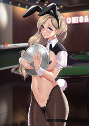 Rule 34 | 1girl, animal ears, blonde hair, blue eyes, blush, breasts, bridal garter, casino, chungmechanic, collarbone, cowboy shot, eyelashes, fake animal ears, fire emblem, fire emblem: three houses, fishnet pantyhose, fishnets, hair over shoulder, headband, holding, indoors, large breasts, leotard, long hair, looking at viewer, meme attire, mercedes von martritz, nintendo, pantyhose, pasties, playboy bunny, rabbit ears, rabbit tail, reverse bunnysuit, reverse outfit, side ponytail, sideboob, solo, standing, tail, tray, waitress, wrist cuffs