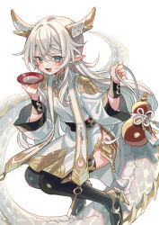 Rule 34 | 1girl, blue eyes, boots, chinese zodiac, cup, dragon girl, dragon horns, dragon tail, earrings, gourd, grey hair, high heel boots, high heels, highres, holding gourd, horns, jewelry, open mouth, original, pelvic curtain, pointy ears, sakazuki, side slit, simple background, smile, solo, suzaku (zaku6584), tail, tassel, thigh boots, white background, wide sleeves, year of the dragon