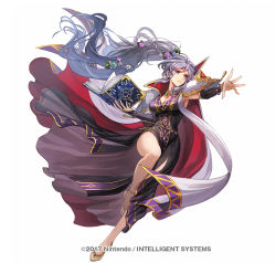 Rule 34 | 1girl, book, breasts, cape, dress, electricity, fire emblem, fire emblem: genealogy of the holy war, fire emblem heroes, flower, gloves, hair ornament, hand up, high heels, ishtar (fire emblem), jewelry, legs, lightning, long hair, magic, nijihayashi, nintendo, non-web source, official alternate costume, outstretched hand, simple background, solo, very long hair