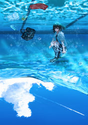 Rule 34 | 1girl, arms at sides, bag, bare arms, black hair, black legwear, blue eyes, blue sky, blue theme, cloud, day, full body, highres, knees up, kojomi (7j543), long hair, looking down, open mouth, original, outdoors, outstretched arms, partially underwater shot, pool, scenery, school uniform, shirt, short sleeves, skirt, sky, smile, solo, submerged, swimming, underwater, upside-down, water