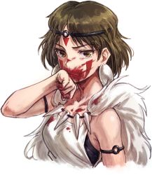 Rule 34 | 1girl, armlet, bare arms, blood, blood on clothes, blood on face, brown eyes, brown hair, cape, closed mouth, cropped torso, earrings, facepaint, facial mark, frown, fur, headband, highres, jewelry, lain, looking at viewer, mononoke hime, necklace, san (mononoke hime), shirt, short hair, simple background, sleeveless, sleeveless shirt, solo, studio ghibli, tooth necklace, upper body, white background, white shirt, wiping face