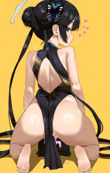 1girl absurdres ass back back_cutout bare_legs barefoot black_dress black_hair blue_archive butterfly_hair_ornament censored clothing_cutout dildo dildo_riding double_bun dress feipin_zhanshi from_behind grey_eyes grey_halo hair_bun hair_ornament halo haniwa_(statue) heart heart_censor highres implied_masturbation kisaki_(blue_archive) long_hair looking_at_viewer looking_back pelvic_curtain sex_toy soles solo thighs twintails very_long_hair wide_hips yellow_background