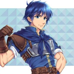Rule 34 | 1boy, ahoge, arm up, armor, awayuki ramika, belt, blue background, blue eyes, blue hair, clenched hand, closed mouth, fire emblem, fire emblem: new mystery of the emblem, hand on own hip, kris (fire emblem), looking at viewer, male focus, muscular, nintendo, shoulder armor, simple background, solo, upper body