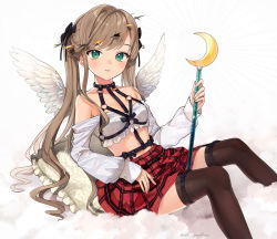 Rule 34 | 1girl, angel, angel wings, bare shoulders, belt, black bow, black choker, black ribbon, bondage outfit, bow, brown hair, brown thighhighs, choker, cloud, crescent, crop top, frilled shirt, frills, green eyes, hair bow, halo, highres, light smile, long hair, long sleeves, looking at viewer, midriff, miniskirt, off-shoulder shirt, off shoulder, original, pillow, plaid, plaid skirt, pleated skirt, red skirt, ribbon, shirt, sitting, skirt, solo, swept bangs, tate yukimi, thigh strap, thighhighs, twintails, very long hair, wand, white shirt, wings