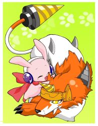 Rule 34 | 2others, claws, cutemon, digimon, digimon (creature), dorulumon, drill, fang, happy, headphones, highres, multiple others, open mouth, smile, yellow eyes