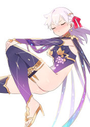 Rule 34 | 1girl, armlet, armor, bare shoulders, bikini armor, blush, bracelet, breasts, circlet, closed eyes, collar, detached sleeves, dress, earrings, fate/grand order, fate (series), floating, floral print, hair ribbon, highres, jewelry, kama (fate), kama (first ascension) (fate), kama (second ascension) (fate), large breasts, legs, long hair, looking at viewer, metal collar, pelvic curtain, purple dress, purple sleeves, purple thighhighs, red ribbon, revision, ribbon, silver hair, thighhighs, thighlet, zenshin