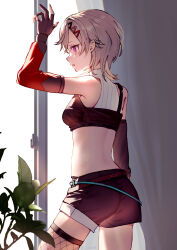 Rule 34 | 1girl, absurdres, ass, back, bare shoulders, belt, black bustier, black gloves, black shorts, brown belt, crop top, curtains, detached sleeves, from side, gloves, grey hair, hair ornament, hairclip, highres, indoors, komori met, long sleeves, looking outside, midriff, natsui3, parted lips, partially fingerless gloves, plant, potted plant, purple eyes, ribbed shirt, shirt, short hair, short shorts, shorts, single glove, single thighhigh, solo, thighhighs, triangle facial mark, virtual youtuber, vspo!, white shirt, window