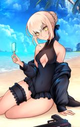 Rule 34 | 1girl, artoria pendragon (alter swimsuit rider) (fate), artoria pendragon (alter swimsuit rider) (first ascension) (fate), artoria pendragon (fate), bad id, bad pixiv id, bare shoulders, beach, black jacket, black one-piece swimsuit, black ribbon, blonde hair, blue sky, blush, braid, breasts, center opening, dress swimsuit, fate/grand order, fate (series), food, french braid, gun, hair bun, hair ribbon, highres, honi (ohohoni), jacket, long hair, long sleeves, looking at viewer, medium breasts, off shoulder, one-piece swimsuit, palm tree, popsicle, ribbon, shore, sidelocks, single hair bun, sitting, sky, solo, swimsuit, thighs, tree, weapon, yellow eyes