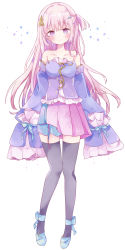 Rule 34 | 1girl, absurdres, bad id, bad pixiv id, bare shoulders, black thighhighs, blue footwear, commentary, detached sleeves, dress, hair ornament, highres, long hair, long sleeves, original, pink dress, pink eyes, pink hair, ponytail, simple background, solo, sparkle, standing, symbol-only commentary, thighhighs, tsukiyo (skymint), white background, zettai ryouiki