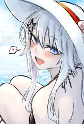 Rule 34 | 1girl, 2poet, 9a-91 (girls&#039; frontline), :d, absurdres, bare shoulders, black one-piece swimsuit, blue eyes, blush, day, from behind, girls&#039; frontline, hair ornament, hat, heart, highres, knees up, long hair, looking at viewer, looking back, one-piece swimsuit, open mouth, outdoors, sidelocks, sitting, smile, solo, speech bubble, spoken heart, star (symbol), star hair ornament, swimsuit, teeth, upper teeth only, water, white hair, white hat