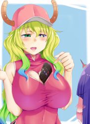 Rule 34 | 10s, 1boy, 1girl, :d, age difference, bare shoulders, baseball cap, between breasts, black eyes, blonde hair, blue hair, blunt bangs, blush, breasts, child, china dress, chinese clothes, cleavage, cleavage cutout, clothing cutout, collarbone, controller, covered navel, dragon girl, dragon horns, dress, embarrassed, gradient eyes, gradient hair, green eyes, green hair, hair between eyes, hands up, hat, heart cutout, heterochromia, horns, huge breasts, index finger raised, kobayashi-san chi no maidragon, long hair, looking at another, lucoa (maidragon), magatsuchi shouta, multicolored eyes, multicolored hair, onee-shota, open mouth, pink dress, pink hat, pointing, pointing at viewer, purple eyes, purple hair, remote control, ribbed dress, rixch, round teeth, short hair, skin tight, slit pupils, smile, surprised, talking, teeth, turtleneck, upper body, wavy hair, yellow pupils