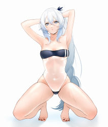 Rule 34 | 1girl, absurdres, armpits, arms behind head, bare legs, bare shoulders, barefoot, black nails, black one-piece swimsuit, blue eyes, blue hair, breasts, cl (summer sama), closed mouth, collarbone, commission, eris (atelier951), feet, full body, gris swimsuit, highres, legs, light blue hair, long hair, looking at viewer, meme attire, nail polish, one-piece swimsuit, original, parted lips, pixiv commission, ponytail, simple background, small breasts, solo, swimsuit, thighs, toenail polish, toenails, toes, very long hair, white background
