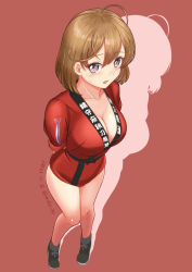 Rule 34 | 1girl, ahoge, alternate costume, arms behind back, breasts, brown hair, cleavage, collarbone, dated, japanese clothes, kantai collection, large breasts, looking at viewer, moke ro, oboro (kancolle), purple eyes, red background, short hair, simple background, solo, standing, twitter username