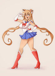 Rule 34 | 1girl, :3, absurdres, alternate hairstyle, animal ears, ass, bare legs, bishoujo senshi sailor moon, breasts, cat ears, cat tail, cleavage, cosplay, curvy, furry, furry female, goya (lucyfer), hand on own hip, highres, large breasts, long hair, long twintails, looking at viewer, looking to the side, lucyfer, miniskirt, navel, open mouth, original, sailor moon, sailor moon (cosplay), simple background, skirt, smile, tail, v, very long hair, wide hips