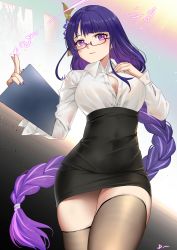 Rule 34 | 1girl, alternate costume, bespectacled, black skirt, breasts, cleavage, commentary, contemporary, genshin impact, glasses, hair ornament, hand on own chest, high-waist skirt, highres, holding, large breasts, linreplica, long braid, long hair, long sleeves, looking at viewer, miniskirt, nail polish, pencil skirt, pink lips, purple eyes, purple hair, purple nails, raiden shogun, shirt, skirt, solo, thighhighs, thighs, very long hair, white shirt
