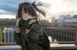 Rule 34 | 1girl, :d, absurdres, backpack, bag, black bag, black ribbon, blush, breath, bridge, brown hair, building, city, cityscape, closed eyes, cloud, cloudy sky, coat, day, facing viewer, fur-trimmed coat, fur-trimmed jacket, fur trim, gishiki (gshk), green coat, green jacket, hair ribbon, highres, holding strap, hood, hood down, jacket, long hair, long sleeves, open mouth, original, outdoors, overcast, patch, photo background, railing, ribbon, river, sky, sleeves past wrists, smile, solo, teeth, two side up, upper body, upper teeth only, water, zipper