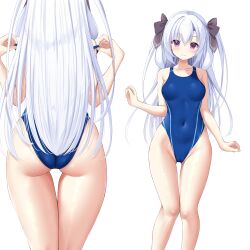Rule 34 | 1girl, absurdres, ass, blue one-piece swimsuit, breasts, clothes pull, commission, competition swimsuit, covered navel, feet out of frame, from behind, full body, hair between eyes, highleg, highleg swimsuit, highres, koi ni kanmi o soete, long hair, looking at viewer, medium breasts, multiple views, ncontrail (mgax7527), one-piece swimsuit, one-piece swimsuit pull, purple eyes, shionomiya richer, simple background, skeb commission, swimsuit, white background, white hair