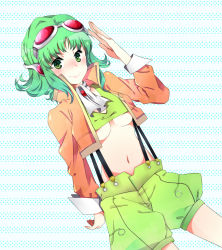 Rule 34 | 1girl, bad id, bad pixiv id, breasts, female focus, goggles, goggles on head, green eyes, green hair, gumi, headphones, jacket, karuto, matching hair/eyes, gumi (v3 megpoid), midriff, navel, short hair, shorts, smile, solo, suspenders, underboob, vocaloid, white background