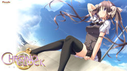 Rule 34 | 1girl, andou misaki, arm behind head, black thighhighs, bow, breasts, brown hair, chrono clock, cloud, company name, copyright name, day, fortissimo, hair bow, hair ornament, highres, impossible clothes, koku, long hair, looking up, medium breasts, musical note, musical note hair ornament, official art, official wallpaper, purple eyes, school uniform, short sleeves, sitting, sky, solo, thighhighs, twintails, very long hair, wallpaper