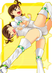 Rule 34 | 00s, 2girls, ass, ass-to-ass, back-to-back, brown eyes, brown hair, child, cosmic &amp; funny (idolmaster), futami ami, futami mami, hair bobbles, hair ornament, idolmaster, idolmaster (classic), idolmaster 1, looking at viewer, looking back, multiple girls, nishi (count2.4), one eye closed, open mouth, short hair, shorts, siblings, side ponytail, sisters, thighhighs, thighs, twins, wink