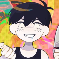 Rule 34 | 1boy, black hair, black tank top, collarbone, colored skin, drooling, evil grin, evil smile, grin, holding, holding knife, knife, looking at viewer, omori, omori (omori), parted lips, short hair, smile, solo, sr ld fr, tank top, teeth, upper body, white skin