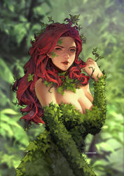 Rule 34 | 1girl, blurry, blurry background, breasts, brown eyes, cleavage, commentary, dc comics, depth of field, detached sleeves, english commentary, highres, kael ngu, large breasts, leaf, leaf clothing, long hair, looking at viewer, nature, outdoors, poison ivy, red hair, solo, upper body