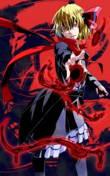 Rule 34 | 1girl, adapted costume, belt, black jacket, black skirt, blonde hair, cowboy shot, darkness, foreshortening, frilled skirt, frills, hair ribbon, highres, jacket, long sleeves, looking at viewer, manekinekoppoi inu, outstretched arm, pantyhose, parted lips, red eyes, red ribbon, red scarf, ribbon, rumia, scarf, shirt, short hair, skirt, solo, touhou