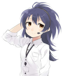 Rule 34 | 1girl, arm up, bad id, bad pixiv id, blue hair, blush, commentary request, hair between eyes, hand in own hair, headset, long hair, looking at viewer, love live!, love live! school idol project, microphone, shirt, simple background, sleeves rolled up, smile, solo, sonoda umi, totoki86, white background, white shirt, yellow eyes
