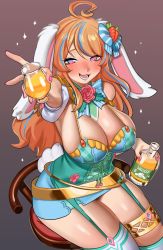 Rule 34 | 1girl, ahoge, alcohol, animal ears, blue hair, blush, bonnie (bunny gif), borrowed character, brown hair, carrot hair ornament, cowboy shot, cross-laced clothes, cross-laced top, drink, flower, food-themed hair ornament, gradient background, hair ornament, highres, indie virtual youtuber, long hair, multicolored hair, nia (nia4294), open mouth, original, pink flower, rabbit ears, rabbit girl, rabbit tail, second-party source, sitting, skindentation, smile, solo, sparkle, streaked hair, tail, virtual youtuber, whiskey