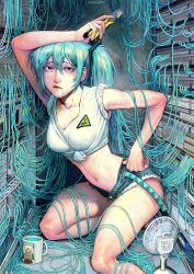 Rule 34 | absurdres, aqua hair, aqua nails, cable, closed mouth, cup, electric fan, hair ornament, hand on own hip, hatsune miku, highres, holding tool, kotsu chan, long hair, looking at viewer, mug, navel, open fly, randy marsh, shirt, shorts, sitting, sleeves rolled up, south park, sweat, tied shirt, torn clothes, torn shorts, twintails, twitter username, very long hair, vocaloid, white shirt