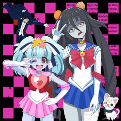 Rule 34 | 10s, 1boy, 2girls, animal, bandages, bishoujo senshi sailor moon, bishoujo senshi sailor moon r, bishoujo senshi sailor moon s, black hair, blouse, blue hair, blue skin, bow, bowtie, brooch, cape, cat, chibi usa, choker, collar, colored skin, crescent, crescent facial mark, dog, english text, facial mark, fangs, food, fruit, gloves, hair between eyes, hair ornament, hand on own hip, hat, heart, heart brooch, hoshikawa lily, jewelry, leotard, long hair, looking at viewer, luna (sailor moon), mitsuishi kotono, multiple girls, one eye closed, onion, open mouth, orange (fruit), pirochi, red eyes, ribbon, romero (zombie land saga), sailor chibi moon, sailor collar, sailor moon, shirt, skirt, spiked collar, spikes, star (symbol), star hair ornament, takato yasuhiro, tatsumi koutarou, text background, top hat, tuxedo, tuxedo kamen, twintails, v, v over eye, voice actor connection, white shirt, yamada tae, zombie, zombie land saga