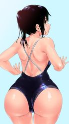 Rule 34 | 1girl, aqua background, ass, backless swimsuit, bad id, bad twitter id, black hair, brown eyes, competition school swimsuit, cowboy shot, from behind, long hair, looking back, one-piece swimsuit, open mouth, original, ponytail, profile, school swimsuit, simple background, sketch, solo, swimsuit, teoshiguruma, wet