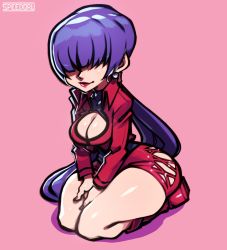 Rule 34 | 1girl, alternate color, breasts, cleavage, cleavage cutout, clothing cutout, cropped jacket, earrings, hair over eyes, highres, jewelry, kneeling, large breasts, lipstick, long hair, makeup, orochi shermie, purple hair, skirt, smirk, solo, speedoru, split ponytail, the king of fighters