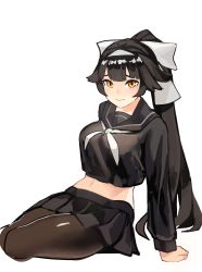Rule 34 | 1girl, absurdres, aoiro (t aoiro123), arm support, azur lane, black hair, black pantyhose, black sailor collar, black serafuku, black shirt, black skirt, bow, breasts, closed mouth, crop top, crop top overhang, furrowed brow, hair bow, hairband, highres, large breasts, long hair, long sleeves, looking at viewer, miniskirt, navel, neckerchief, orange eyes, pantyhose, pleated skirt, ponytail, sailor collar, school uniform, serafuku, shirt, simple background, sitting, skirt, solo, takao (azur lane), takao (school romanza) (azur lane), very long hair, white background, white bow, white hairband, white neckerchief