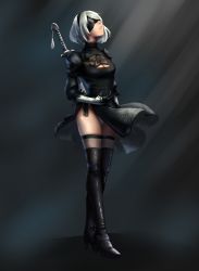 Rule 34 | 1girl, absurdres, black dress, black gloves, black thighhighs, blindfold, boots, breasts, cleavage, dress, full body, gloves, high heel boots, high heels, highres, leather, leather boots, medium breasts, mole, mole under mouth, nier (series), nier:automata, panties, saberivliku, sheath, sheathed, short hair, solo, sword, thigh boots, thighhighs, underwear, weapon, white hair, white panties, 2b (nier:automata)