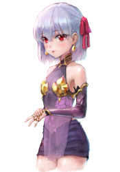 Rule 34 | 1girl, armlet, armor, bare shoulders, bikini armor, blush, bracelet, breasts, collar, detached sleeves, dress, earrings, fate/grand order, fate (series), floral print, hair ribbon, jewelry, kama (fate), kama (first ascension) (fate), looking at viewer, metal collar, miniskirt, pelvic curtain, purple dress, purple skirt, purple sleeves, red eyes, ribbon, ring, short hair, silver hair, skirt, small breasts, smile, solo, sterben, thighs, tongue, tongue out