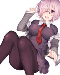 Rule 34 | 1girl, between breasts, black dress, black pantyhose, blush, breasts, cleavage, clothes pull, collared shirt, commentary, dress, eyes visible through hair, fate/grand order, fate (series), hair over one eye, highres, hood, hoodie, impossible clothes, knees together feet apart, large breasts, looking at viewer, maria (maria0304), mash kyrielight, necktie, necktie between breasts, open mouth, pantyhose, pointing, pointing at viewer, purple eyes, purple hair, red necktie, shirt, short dress, short hair, simple background, sitting, solo, sweater, sweater pull, teeth, white background, white shirt