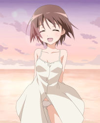Rule 34 | 1girl, :d, ^ ^, alternate costume, bare shoulders, beach, breasts, brown hair, buttons, closed eyes, cloud, dress, hide 0, horizon, miyafuji yoshika, ocean, open mouth, panties, short hair, sky, smile, solo, strike witches, sundress, underwear, world witches series