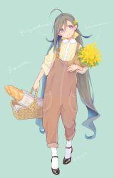 Rule 34 | 1girl, ahoge, alternate costume, baguette, basket, black footwear, bouquet, bread, character request, colis, flower, food, full body, green background, grey eyes, grey hair, hair between eyes, hair bun, kantai collection, kiyoshimo (kancolle), looking at viewer, low twintails, mary janes, mimosa (flower), overalls, shirt, shoes, single hair bun, smile, socks, solo, striped clothes, striped shirt, twintails, white socks