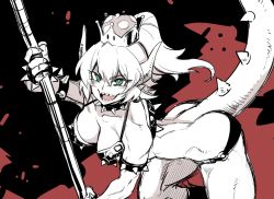 Rule 34 | 1girl, armlet, back, bikini, black background, bowsette, bracelet, collar, commentary request, crown, huge weapon, jewelry, kurose kousuke, legs apart, mario (series), muscular, muscular female, new super mario bros. u deluxe, nintendo, red background, spiked armlet, spiked bracelet, spiked collar, spikes, standing, super crown, swimsuit, weapon