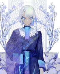 Rule 34 | 1boy, archaic japanese text, asymmetrical bangs, blue eyes, blue flower, blue kimono, braid, branch, bug, butterfly, closed mouth, earrings, expressionless, eyelashes, floral print, floral print kimono, flower, glasses, gradient background, hair between eyes, halo, ham melon (iloha 24), highres, insect, japanese clothes, jewelry, kimono, long sleeves, looking at viewer, male focus, original, patterned background, patterned clothing, plant, potted plant, short hair, side braid, signature, solo, standing, traditional clothes, transparent halo, vase, white background, white hair