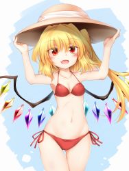 Rule 34 | 1girl, :d, arms up, bare arms, bare shoulders, bikini, blonde hair, blue background, blush, breasts, brown headwear, collarbone, commentary request, cowboy shot, crystal, fang, flandre scarlet, groin, hair between eyes, halterneck, hands on headwear, long hair, looking at viewer, marukyuu ameya, navel, one side up, open mouth, red bikini, red eyes, side-tie bikini bottom, skin fang, small breasts, smile, solo, standing, stomach, swimsuit, thighs, touhou, wings