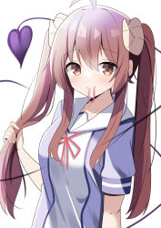 Rule 34 | 1girl, absurdres, ahoge, alternate hairstyle, blue shirt, blush, brown eyes, brown hair, closed mouth, commentary request, curled horns, demon girl, demon horns, demon tail, eyelashes, hair between eyes, hair tie in mouth, hand up, highres, holding, holding own hair, horns, hosinonana, long hair, looking at viewer, machikado mazoku, mouth hold, red ribbon, ribbon, sailor collar, school uniform, serafuku, shirt, short sleeves, sidelighting, sidelocks, simple background, smile, solo, tail, twintails, twintails day, two-tone shirt, upper body, very long hair, white background, white sailor collar, white shirt, yoshida yuuko (machikado mazoku)
