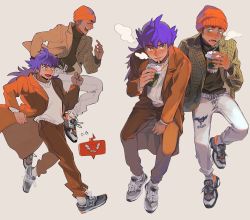 Rule 34 | 2boys, alternate costume, beanie, blush, brown coat, brown pants, brown sweater, clenched hands, coat, coffee cup, commentary request, creatures (company), cup, disposable cup, earrings, fang, fingernails, flying sweatdrops, game freak, gen 4 pokemon, hat, highres, holding, holding cup, jewelry, leon (pokemon), long hair, male focus, multiple boys, nintendo, open mouth, orange headwear, pants, pokemon, pokemon (creature), pokemon swsh, purple hair, raihan (pokemon), rotom, rotom phone, running, shoes, smile, sneakers, socks, steam, sweater, tokeru, tongue, white legwear, white pants, white sweater
