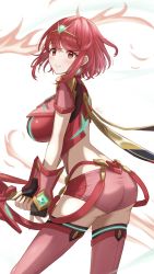 Rule 34 | 1girl, absurdres, aegis sword (xenoblade), ass, black gloves, breasts, chest jewel, earrings, fingerless gloves, gloves, gluteal fold, headpiece, highres, jewelry, large breasts, pyra (xenoblade), red eyes, red hair, red shorts, short hair, short shorts, shorts, solo, suspenders, swept bangs, sword, taro (peach taro51), thighhighs, tiara, weapon, xenoblade chronicles (series), xenoblade chronicles 2, zettai ryouiki
